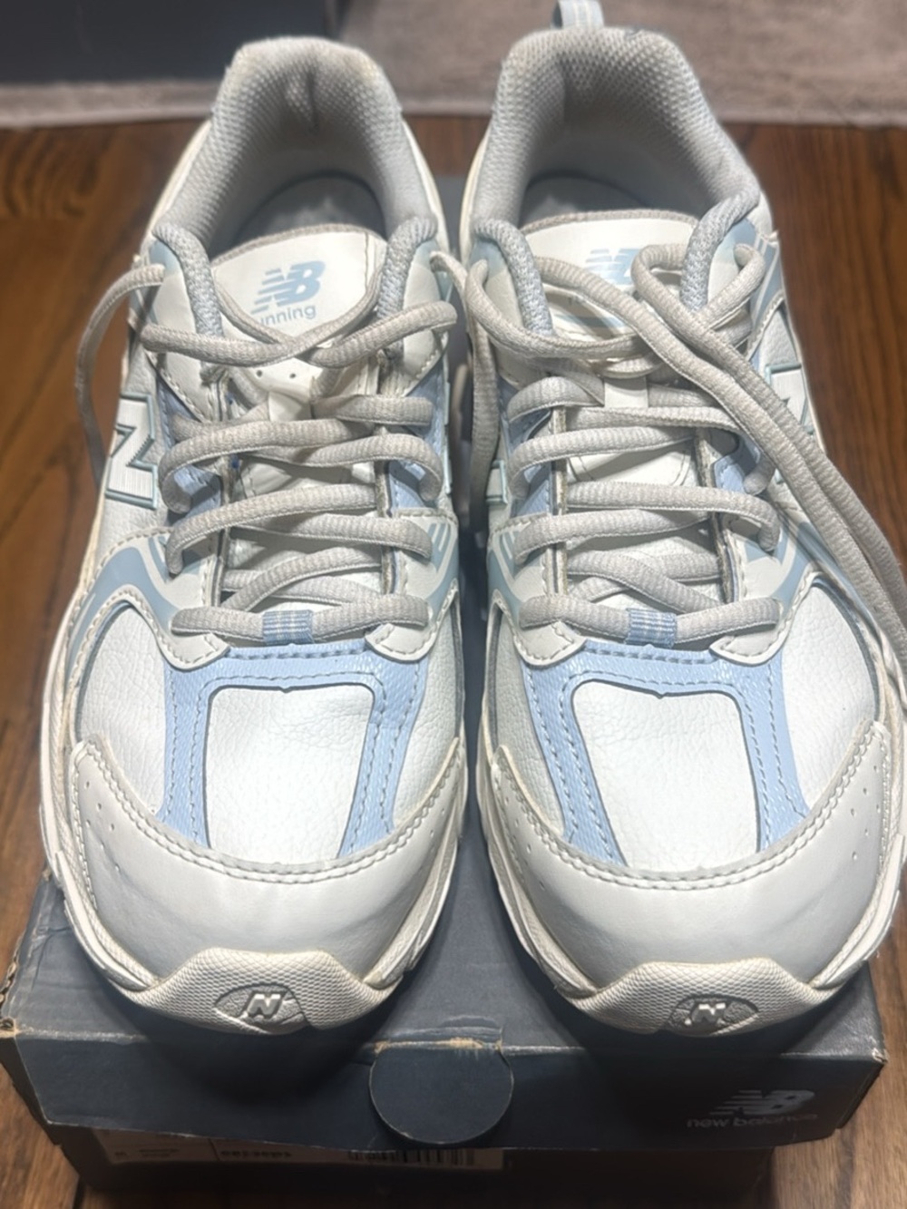 New Balance Kids White and Light Blue Sneakers
